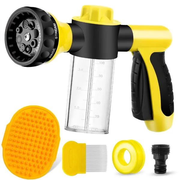 Dog Wash Hose Attachment, 8-in-1 Pup Jet with Dog Shower Brush and Pet Grooming Comb, Garden Hose Nozzle Fit 3/4 Inch Standard Hose for Watering Flowers, Car Washing, Pet Bathing Outdoors(Yellow)