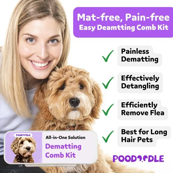 Poodoodle Pain-Free Dematting Comb Kit for Dogs & Cats, Dematting Rake & Detangling Dual-Side Comb Set, Dematting Brush for Dogs & Cats, Pet Grooming Tools Kit for Poodle Doodle & All Long Haired Pets