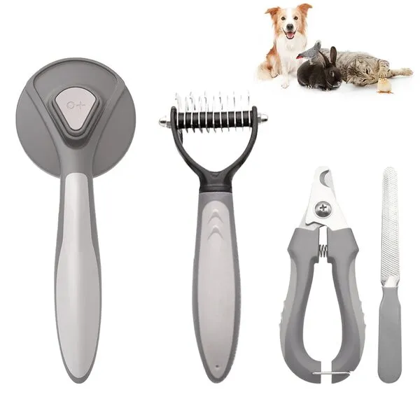 Pet Deshedding Brush Set, Undercoat Rake for Dogs & Cats - Double Sided Brush for Shedding and Dematting Comb Grooming Tool kit - Nail Clippers & Nail File Kit (4Pack)