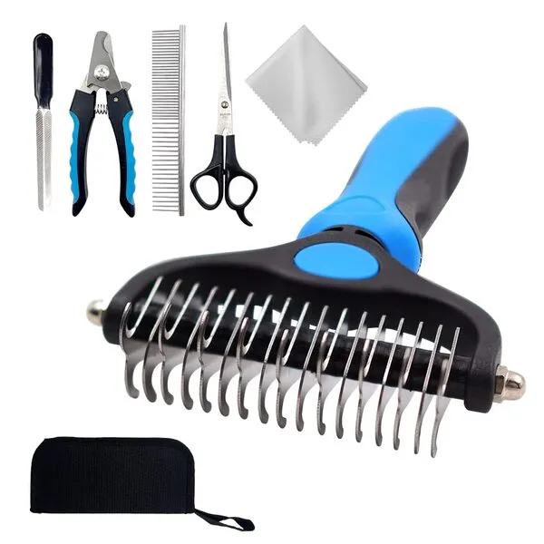 releitive Set of 7 Professional Dog Grooming Tool kit for Dog and Cat | Double Sided Dog Shedding Brush and Undercoat Rake | Cat Nail Clippers and Trimmers | Pet Grooming Scissors (Blue)