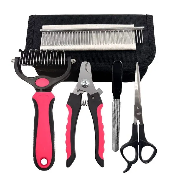 Set of 7 Professional Dog Grooming Tool kit for Dog and Cat | Double Sided Dog Shedding Brush and Undercoat Rake | Cat Nail Clippers and Trimmers | Pet Grooming Scissors