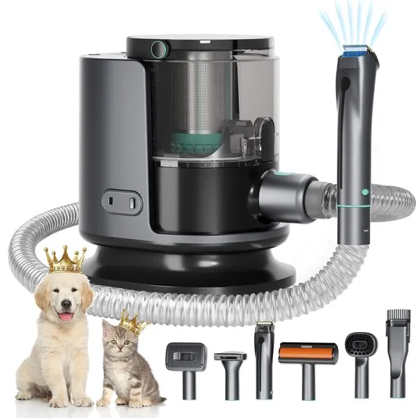 Kyltoor Dog Hair Vacuum & Dog Grooming Kit, Pet Grooming Vacuum with Dog Clippers, Suction 99% Hair, 1.5L Dust Cup, 7 Proven Pet Grooming Kit for Shedding Pet Hair, Home Cleaning, Gray