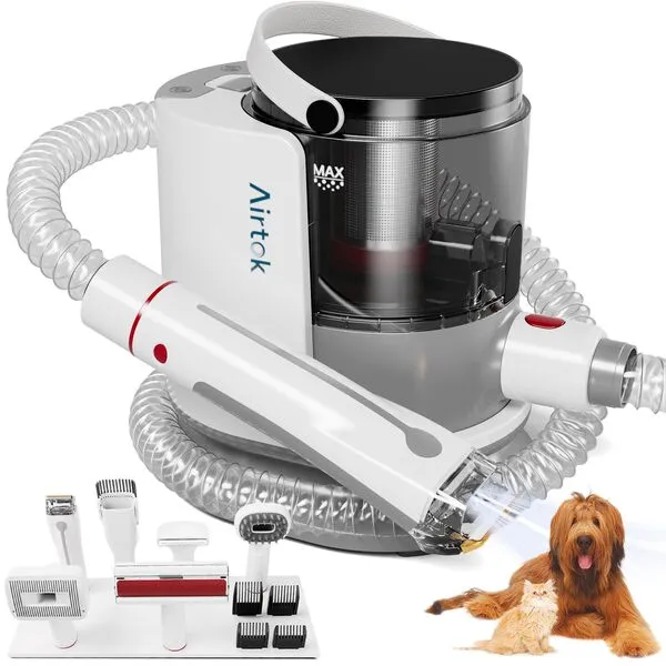 AIRTOK Pet Grooming Kit & Vacuum Suction 99% Pet Hair, Professional Grooming Clippers with 7 Proven Grooming Tools for Dogs Cats and Other