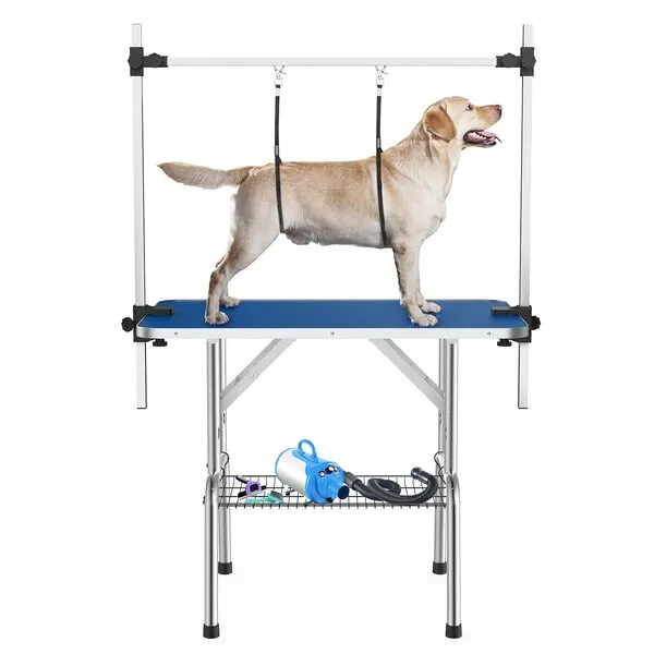 APRILSOUL 46 Inch Pet Grooming Table for Large Dogs,Adjustable Height,Foldable,Anti-Slip Surface,with Arms, Nooses, Mesh Tray