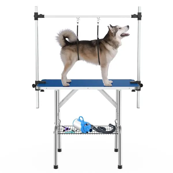 APRILSOUL 42 Inch Pet Grooming Table for Small Dogs,Foldable,Anti-Slip Surface,with Adjustable Height Arms, Nooses, Mesh Tray