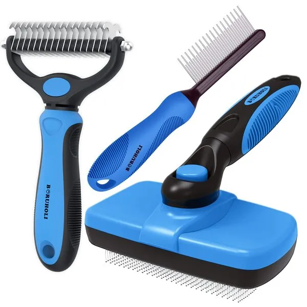 BORUHOLI Pet Grooming Brush and Comb Kit,Slicker brush and comb for dog and cat, Double Sided Shedding and Dematting Undercoat Rake Comb for long/short hair and large/small dogs and cats,Easily removes Loose Hair, and eliminates Tangles, Knots, Dander and trapped Dirt.