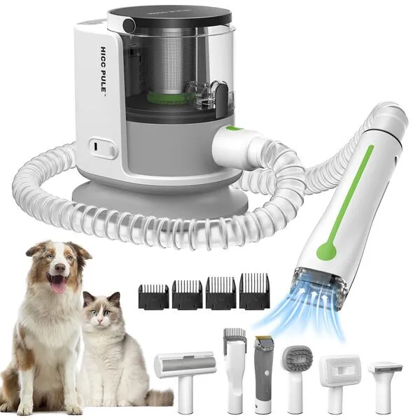 HICC PULE Dog Grooming Kit, Dog Hair Vacuum Suction 99% Pet Hair, Pet Grooming Vacuum with 6 Pet Grooming Tools, 1.5L Dust Cup, Low Noise Pet Grooming Kit for Shedding Dogs Cats at Home