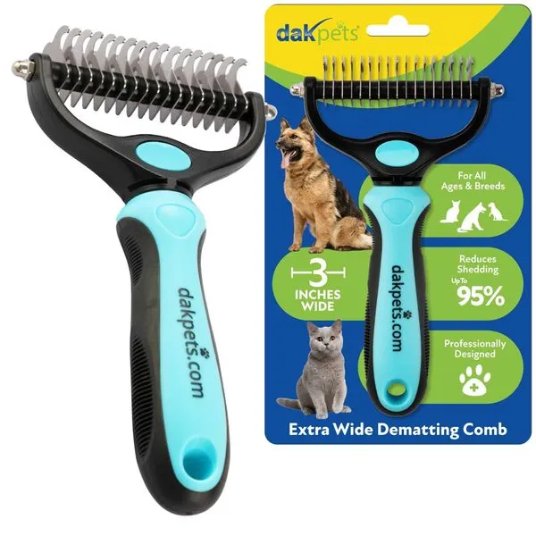 DakPets Dematting Rake for Dogs - Double Row Undercoat Rake for Dogs - Cat Brush & Deshedding Tool Gently Removes Loose Hair & Mats - Dog Hair Detangler & Cat Matted Fur Remover - Easy-Grip Design