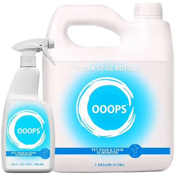 OOOPS Pet Odor & Stain Eliminator - Enzyme Pet Odor Eliminator for Home - Dismantles Odors on a Molecular Level, Cats, Dogs, Puppy, Freshener, Furniture - Carpet Cleaner Spray (1 Gallon and Sprayer)