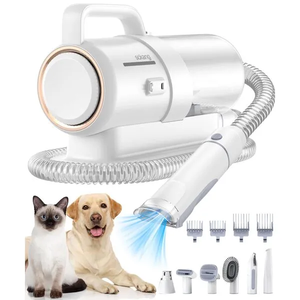 Pet Clipper Grooming & Pet Grooming Vacuum Kit,Low Noise Technology Picks Up 99% Pet Hair,7 in 1 Proven Grooming Tools with Nail Grinder,2.3L Capacity Pet Hair Dust Cup (White)