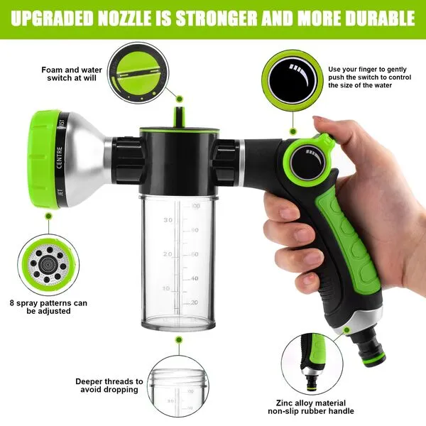 Pup Jet Dog Wash Hose Attachment Garden Hose Nozzle High Pressure Water Hose Nozzle 8 Way Foam Sprayer with Soap Dispenser Bottle… (Upgraded Green)