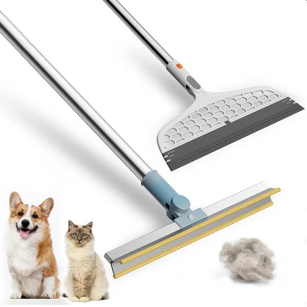 Pet Hair Remover Bundle - Including Long Handle Dog Hair Removal Carpet Rake for Rug & Magic Squeegee Broom for Floor Bathroom- Easy Cat Fur Sweeper and Dust Spills Cleaning Tool for Household