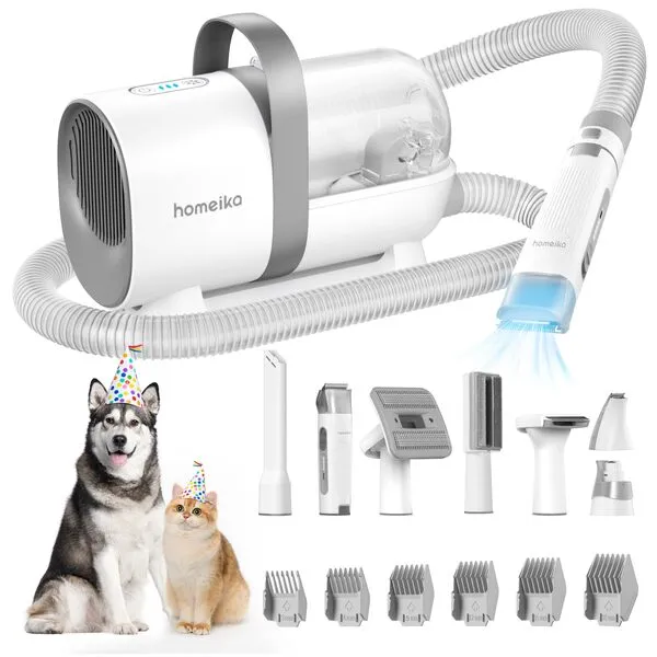 Homeika Pet Grooming Kit & Dog Hair Vacuum 99% Pet Hair Suction, 1.5L Pet Vacuum Groomer with 8 Pet Grooming Tools, 6 Nozzles, Quiet Dog Brush Vacuum with Nail Grinder/Paw Trimmer for Dogs Cats, Gray