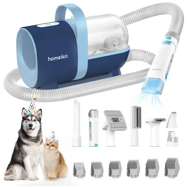 Homeika Pet Grooming Kit & Dog Hair Vacuum 99% Pet Hair Suction, 1.5L Pet Vacuum Groomer with 8 Pet Grooming Tools, 6 Nozzles, Quiet Dog Brush Vacuum with Nail Grinder/Paw Trimmer for Dogs Cats, Blue