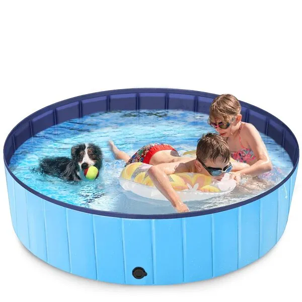 Lychoo Foldable Dog Pool, Collapsible Pet Pool, Portable PVC Dog Pet Swimming Pool, Plastic Dog Bath for for Large Medium Small Pets Dogs & Kids Summer Outdoor Water Playing (XL - 63''x 12'', Blue)