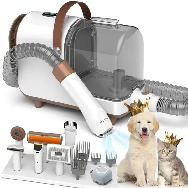 Bunfly Dog Grooming Kit & Vacuum Suction 99.99% Pet Hair, 3L Large Capacity Dust Cup, 7 Pet Grooming Tools for Shedding Pet Hair, Home Cleaning（Brown&White）